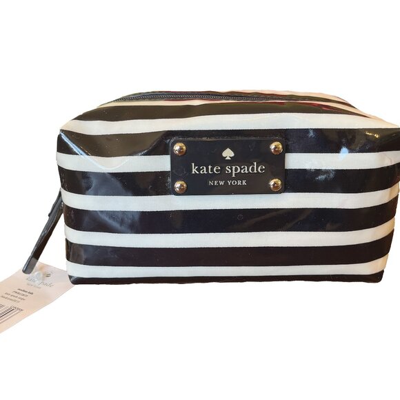 New Kate Spade Patent Leila Stripe Black and White Cosmetic Bag, 7” - Picture 2 of 8